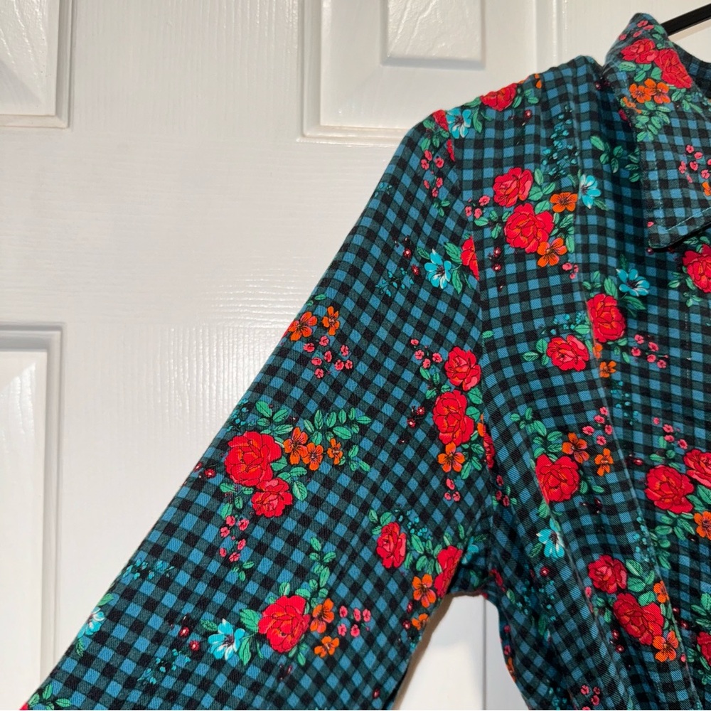 Matilda Jane checkered floral fa la la long sleeve shirt dress green red S - Picture 9 of 16